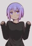  1girl alternate_costume assassin_(fate/prototype_fragments) black_shirt blush fate/grand_order fate_(series) i.u.y long_sleeves looking_at_viewer purple_hair shirt short_hair sleeves_past_wrists solo upper_body violet_eyes 