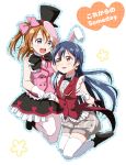  2girls animal_ears bangs blue_eyes blue_hair blush bow bowtie commentary_request earrings gloves hair_between_eyes hand_holding hat jewelry korekara_no_someday kousaka_honoka long_hair love_live! love_live!_school_idol_project multiple_girls one_side_up open_mouth orange_hair pantyhose puffy_shorts rabbit_ears short_hair shorts simple_background skull573 sleeveless smile sonoda_umi text thigh-highs top_hat white_background white_gloves yellow_eyes 