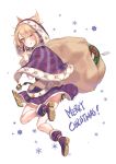  1girl absurdres bell blonde_hair blush capelet christmas commentary_request earmuffs highres holding_sack hood looking_at_viewer one_eye_closed pointy_hair purple_footwear purple_skirt sack shan shoes short_hair simple_background skirt snowflakes solo tongue tongue_out touhou toyosatomimi_no_miko white_background yellow_eyes 