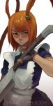  1girl apron fingerless_gloves flat_chest gloves holding holding_weapon looking_at_viewer maid ohnarev orange_hair original raised_eyebrow red_eyes solo sword weapon 