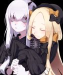  2girls :3 abigail_williams_(fate/grand_order) albino black_background black_bow black_hat blush bow closed_eyes commentary_request fate/grand_order fate_(series) hair_between_eyes hair_bow hat horn hug hug_from_behind lavinia_whateley_(fate/grand_order) multiple_girls namataro orange_bow pale_skin pink_eyes polka_dot polka_dot_bow shaded_face sleeves_past_wrists sweat 