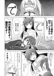  &gt;_&lt; 3girls :d admiral_(azur_lane) animal_ears atago_(azur_lane) azur_lane blush cat_ears cleveland_(azur_lane) closed_eyes comic commentary_request eyebrows_visible_through_hair fang greyscale hair_between_eyes ichimi lap_pillow long_hair looking_at_viewer monochrome monocle multiple_girls open_mouth smile translation_request xd 