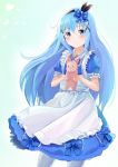  1girl animal blue_bow blue_eyes blue_hair blush bow closed_mouth eyebrows_visible_through_hair gochuumon_wa_usagi_desu_ka? hair_bow hair_ornament hairband holding holding_animal kafuu_chino long_hair looking_at_viewer miki_yuu pantyhose rabbit short_sleeves smile solo white_legwear x_hair_ornament 