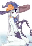  1girl abigail_williams_(fate/grand_order) absurdres bangs blue_bow blush bow closed_mouth commentary_request elbow_gloves eyebrows_visible_through_hair fate/grand_order fate_(series) gloves hat hat_bow highres holding long_hair looking_at_viewer looking_to_the_side orange_bow pale_skin panties parted_bangs purple_gloves purple_hat purple_panties revealing_clothes silver_hair sitting sog-igeobughae solo topless underwear very_long_hair violet_eyes wariza water white_background witch_hat 