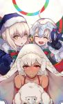  3girls :&gt; :d :o ^_^ ahoge altera_(fate) altera_the_santa artoria_pendragon_(all) bangs bare_shoulders bell black_gloves blue_capelet blue_gloves blue_hat blush bow capelet closed_eyes closed_mouth collarbone commentary_request dark_skin detached_sleeves eyebrows_visible_through_hair facing_viewer fate/grand_order fate_(series) fur-trimmed_capelet fur-trimmed_hat gloves hair_between_eyes hat headpiece highres jeanne_d&#039;arc_(fate)_(all) jeanne_d&#039;arc_alter_santa_lily long_hair looking_at_viewer multiple_girls open_mouth pantie_painting red_choker red_eyes ribbon santa_alter santa_hat sheep silver_hair smile striped striped_bow striped_ribbon upper_teeth v veil white_capelet white_hair yellow_eyes 