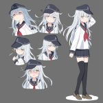  1girl ? @_@ anchor_symbol arm_at_side arm_up bangs black_skirt blue_eyes blue_hair blush brown_footwear closed_mouth cnm embarrassed expressionless expressions eyebrows_visible_through_hair flat_chest flying_sweatdrops full_body headgear hibiki_(kantai_collection) highres kantai_collection loafers long_hair long_sleeves looking_at_viewer miniskirt neckerchief nose_blush open_mouth pleated_skirt red_neckwear roman_numerals school_uniform serafuku shaded_face shirt shoes skirt sparkle standing thigh-highs thumbs_up translation_request upper_body very_long_hair white_shirt zettai_ryouiki 