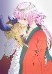  2girls artoria_pendragon_(all) artoria_pendragon_(lancer_alter) bandage_over_one_eye blonde_hair blush braid cow_horns divine_princess_of_the_storm earrings fate/grand_order fate_(series) florence_nightingale_(fate/grand_order) frills horn_ring horns hug jewelry looking_at_another monokuro_(sekahate) multiple_girls ox-demon_king ox_horns pink_hair red_eyes sash shadow upper_body wide_sleeves yellow_eyes yuri 