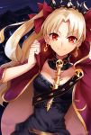  1girl aruti bangs between_breasts black_dress blonde_hair bow breasts cape closed_mouth commentary_request detached_collar dress dutch_angle earrings ereshkigal_(fate/grand_order) eyebrows_visible_through_hair fate/grand_order fate_(series) hair_bow highres infinity jewelry looking_at_viewer medium_breasts necklace night night_sky outdoors parted_bangs red_bow red_cape red_eyes signature sky smile solo spine tiara tohsaka_rin two_side_up v-shaped_eyebrows 