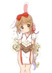  1girl animal_ears bangs blush bow brown_eyes bunny_hair_ornament caracorn china_dress chinese_clothes closed_mouth dango dress eyebrows_visible_through_hair food hair_bow hair_ornament head_tilt holding idolmaster idolmaster_cinderella_girls kemonomimi_mode light_brown_hair long_hair looking_at_viewer puffy_short_sleeves puffy_sleeves rabbit_ears red_bow short_sleeves smile solo standing very_long_hair wagashi white_background white_dress yorita_yoshino 