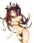  1girl bare_shoulders breasts brown_hair cleavage detached_sleeves earrings fate/grand_order fate_(series) ggomddak highres ishtar_(fate/grand_order) jewelry long_hair looking_at_viewer medium_breasts navel red_eyes single_thighhigh smile solo standing thigh-highs tohsaka_rin 