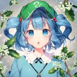  1girl blue_eyes blue_hair blue_shirt commentary_request green_hat hair_bobbles hair_ornament hat kawashiro_nitori key leaf looking_at_viewer momoshiki_tsubaki parted_lips shirt short_hair solo touhou two_side_up upper_body 
