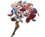  1girl ;) bomb boots breasts cape choker cleavage full_body fur_trim gift goggles goggles_on_head granblue_fantasy hat_tip long_hair looking_at_viewer mary_(granblue_fantasy) minaba_hideo miniskirt official_art one_eye_closed orange_eyes orange_hair skirt smile snowman solo standing standing_on_one_leg transparent_background twintails 