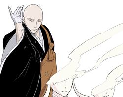  androgynous bald closed_eyes commentary dissolving f.w.zholic gloves highres houseki_no_kuni kesa kongou_sensei parody robe salt_bae_(meme) tsukijin_(houseki_no_kuni) white_background white_gloves 