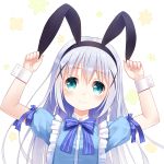  1girl animal_ears arms_up bangs black_hairband blue_hair blue_ribbon blue_shirt blush closed_mouth collared_shirt commentary_request dress_shirt eyebrows_visible_through_hair fake_animal_ears gochuumon_wa_usagi_desu_ka? green_eyes hair_between_eyes hairband kafuu_chino leaning_to_the_side long_hair looking_up puffy_short_sleeves puffy_sleeves rabbit_ears ribbon shirt short_sleeves sidelocks smile solo striped striped_ribbon very_long_hair white_background wrist_cuffs xia_xiang_(ozicha) 