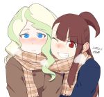  2girls ;d blonde_hair blue_eyes blush breath brown_hair cheek-to-cheek coat dated diana_cavendish facing_viewer kagari_atsuko little_witch_academia multiple_girls one_eye_closed one_side_up open_mouth plaid plaid_scarf red_eyes scarf shared_scarf signature smile tsukudani_(coke-buta) winter_clothes winter_coat 