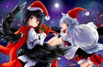  2girls black_hair black_skirt black_wings box chikuwa_savi closed_mouth detached_sleeves feathered_wings gift gift_box gloves hat inubashiri_momiji looking_at_viewer multiple_girls night night_sky outdoors puffy_shorts red_eyes red_footwear red_gloves red_hat red_scarf ribbon-trimmed_sleeves ribbon_trim sack santa_hat scarf shameimaru_aya shoes shorts skirt sky smile touhou wings 