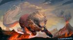  arcanine artist_name clouds cloudy_sky eruption fire mane molten_rock no_humans pokemon pokemon_(game) pokemon_rgby signature sky solo tail volcano 
