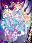  1girl alice_(wonderland) animal_ears apron blonde_hair blue_eyes boots bow card clock copyright_name feathers force_of_will hat heterochromia key long_hair official_art rabbit_ears red_eyes solo sparkle thigh-highs tongue tongue_out wednesday_(starsilver) 