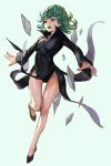  1girl black_dress black_footwear breasts curly_hair dress flipped_hair green_eyes green_hair hankuri long_sleeves one-punch_man one_leg_raised open_mouth short_hair side_slit simple_background small_breasts solo tatsumaki telekinesis 