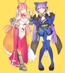  2girls \n/ animal_ears arm_guards blue_eyes blue_legwear blue_ribbon breasts capelet center_opening choker cleavage cosplay costume_switch cross dress fate/extra fate/grand_order fate_(series) fox_ears fox_tail geta hair_ribbon hand_gesture high_heels hime_cut japanese_clothes large_breasts leotard long_hair looking_at_viewer multiple_girls navel obi pink_hair pog purple_hair purple_legwear ribbon saint_martha sash shin_guards short_dress showgirl_skirt tail tamamo_(fate)_(all) tamamo_no_mae_(fate) thigh-highs twitter_username very_long_hair watermark white_ribbon wide_sleeves yellow_background yellow_eyes 