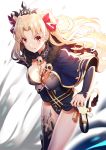  1girl armor armored_boots asymmetrical_legwear bangs between_breasts blonde_hair blue_cape blue_dress blue_legwear blush boots bow breasts brown_eyes cape commentary detached_collar dress earrings erect_nipples ereshkigal_(fate/grand_order) eyebrows_visible_through_hair fate/grand_order fate_(series) hair_bow highres infinity jewelry large_breasts long_hair long_sleeves looking_at_viewer necklace nose_blush parted_bangs parted_lips purple_bow red_bow ririko_(zhuoyandesailaer) single_thigh_boot single_thighhigh skull sleeves_past_wrists solo spine sweat thigh-highs thigh_boots tiara tohsaka_rin two_side_up very_long_hair 