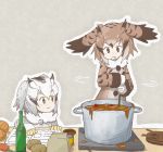  2girls blonde_hair book bottle brown_coat brown_eyes brown_hair can carrot coat cooking curry drooling eurasian_eagle_owl_(kemono_friends) food fur_collar gloves grey_coat grey_hair head_wings highres holding kemono_friends long_sleeves multicolored_hair multiple_girls northern_white-faced_owl_(kemono_friends) open_book plate pot potato smile spoon uepon_(shimo_ponzu) white_gloves white_hair yellow_eyes yellow_gloves 