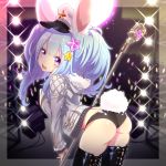  1girl animal_ears arched_back ass bent_over black_panties blue_hair boots bunny_tail character_request copyright_request fur_trim highres jacket looking_at_viewer looking_back open_clothes open_jacket panties rabbit_ears solo tail thigh-highs thigh_boots underwear westxost_(68monkey) 