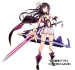  1girl :o akesaka_iku bangs black_cape black_footwear black_gloves black_legwear blush boots cape commentary_request eyebrows_visible_through_hair full_body gloves holding holding_sword holding_weapon huge_weapon katana kneehighs long_hair looking_at_viewer official_art parted_lips pleated_skirt purple_hair sennen_sensou_aigis sheath sheathed simple_background skirt solo standing sword very_long_hair violet_eyes weapon white_background white_skirt 
