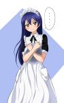  1girl annoyed apron bangs blue_hair commentary_request cowboy_shot frills frown hair_between_eyes highres holding holding_plate long_hair looking_at_viewer love_live! love_live!_school_idol_project maid maid_apron maid_headdress omaehadareda-uso plate short_sleeves simple_background solo sonoda_umi speech_bubble v-shaped_eyebrows yellow_eyes 