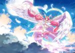  1girl antenna_hair arm_ribbon asymmetrical_legwear boots choker cure_happy dress feathered_wings feathers flying head_wings hoshi_(xingspresent) hoshizora_miyuki layered_dress long_hair magical_girl pink_dress pink_eyes pink_hair precure ribbon smile smile_precure! solo twintails ultra_cure_happy white_footwear white_wings wings 