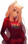  1girl animal_ears bangs blush closed_mouth commentary_request eyebrows_visible_through_hair fate/grand_order fate_(series) hair_between_eyes hands_in_pocket highres hood hood_down hoodie long_hair long_sleeves looking_at_viewer niyokichi orange_hair red_hoodie saber_(fate/extra_ccc_fox_tail) simple_background smile solo standing upper_body very_long_hair white_background yellow_eyes 