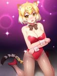  1girl animal_ears bare_shoulders blonde_hair blush bow bowtie breasts brown_neckwear commentary_request detached_collar eyebrows_visible_through_hair fishnet_pantyhose fishnets high_heels highres jaguar_(kemono_friends) jaguar_ears jaguar_print jaguar_tail kemono_friends kneeling large_breasts leotard looking_at_viewer no_bra open_mouth pantyhose red_footwear red_leotard short_hair solo tail totokichi wrist_cuffs yellow_eyes 