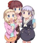  3girls :d bangs black_legwear blonde_hair blue_dress blue_eyes blue_hair blue_skirt blunt_bangs blush bow cellphone closed_mouth commentary dress hair_bow hair_ornament harau holding holding_phone hood hood_down hoodie long_sleeves low_twintails multiple_girls new_game! open_mouth orange_skirt pantyhose parted_lips phone pink_legwear red_skirt redhead sakura_nene self_shot short_eyebrows simple_background skirt smartphone smile suzukaze_aoba sweater takimoto_hifumi twintails v-shaped_eyebrows violet_eyes wavy_mouth white_background worried 
