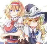  2girls alice_margatroid blonde_hair blue_eyes book bow braid capelet fingerless_gloves gloves hair_bow hair_ribbon hat kirisame_marisa long_hair looking_at_viewer mini-hakkero multiple_girls necktie ribbon short_hair sweatdrop tigern touhou witch_hat yellow_eyes 