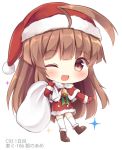  1girl ahoge brown_eyes brown_hair capelet chibi fang hat huge_ahoge kantai_collection kuma_(kantai_collection) long_hair looking_at_viewer masayo_(gin_no_ame) one_eye_closed sack santa_costume santa_hat simple_background smile solo white_background 