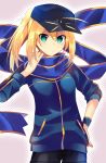  1girl absurdres ahoge artoria_pendragon_(all) baseball_cap black_shorts blonde_hair blue_jacket blue_scarf closed_mouth commentary_request cowboy_shot eyebrows_visible_through_hair fate/grand_order fate_(series) green_eyes hair_between_eyes halftone halftone_background hand_on_hip hat highres jacket long_sleeves looking_at_viewer mysterious_heroine_x niyokichi ponytail scarf shorts solo v-shaped_eyebrows wristband 