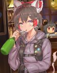  2girls animal_ears ashu beer_bottle bow brown_eyes brown_hair cat_ears cigarette cookie_(touhou) ear_piercing eyebrows_visible_through_hair grey_hair hair_bow hair_tubes hakurei_reimu highres jewelry kofji_(cookie) long_sleeves looking_at_viewer maru_(cookie) mouse_ears multiple_girls nazrin necklace piercing red_bow red_eyes ring short_hair touhou 