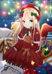  1girl abigail_williams_(fate/grand_order) bangs blonde_hair bloomers blue_eyes blurry blurry_background blush bow box butterfly christmas_ornaments closed_mouth commentary_request depth_of_field dress earmuffs eyebrows_visible_through_hair fate/grand_order fate_(series) forehead fur-trimmed_capelet gift gift_box green_bow hair_bow hat hatsuzuki_527 highres long_sleeves looking_at_viewer object_hug parted_bangs polka_dot polka_dot_bow red_bow red_capelet red_dress red_hat sack signature sitting sled sleeves_past_wrists smile solo sparkle star stuffed_animal stuffed_toy teddy_bear underwear white_bloomers 