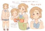  1girl 7010 :d ^_^ apron bow bowtie brown_eyes brown_hair closed_eyes commentary_request earrings eyebrows_visible_through_hair flower_earrings grin hand_in_pocket idolmaster idolmaster_cinderella_girls jewelry looking_at_viewer mimura_kanako multiple_views one_side_up open_mouth oven_mitts short_hair simple_background smile translation_request white_background 