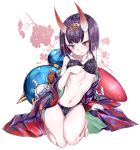  1girl barefoot black_bra black_panties bob_cut bra fate/grand_order fate_(series) gourd japanese_clothes kengorou_saemon_ii_sei kimono oni oni_horns open_clothes open_kimono panties purple_hair purple_kimono revealing_clothes short_eyebrows short_hair shuten_douji_(fate/grand_order) solo underwear violet_eyes 