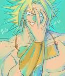  1boy bakusou_k bare_chest blue_eyes bracelet broly character_name collar crying dated dragon_ball dragonball_z earrings eyebrows_visible_through_hair hand_on_own_face jewelry looking_away male_focus shirtless smile spiky_hair super_saiyan tears text 