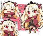  1girl :d absurdres black_dress black_gloves black_legwear blush bow cape check_translation chibi closed_eyes closed_mouth commentary_request dress earrings ereshkigal_(fate/grand_order) fate/grand_order fate_(series) fingerless_gloves gloves hair_bow highres infinity jako_(jakoo21) jewelry laughing looking_at_viewer multicolored multicolored_cape multicolored_clothes multiple_views open_mouth red_bow red_cape red_eyes single_fingerless_glove single_glove single_thighhigh smile spine standing tears thigh-highs tohsaka_rin translation_request two_side_up v-shaped_eyebrows 