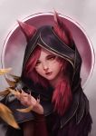  1girl animal_ears falling_feathers feathers isaac_liew league_of_legends long_hair looking_at_hand nose parted_lips red_lips redhead solo xayah yellow_eyes 