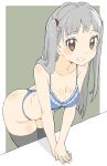  1girl absurdres bangs bare_arms bare_shoulders bent_over black_legwear blue_bra blue_panties blush bra breasts brown_eyes cleavage cowboy_shot donguri_suzume eyebrows_visible_through_hair grey_background grey_hair grin highres large_breasts looking_at_viewer original panties simple_background smile solo thigh-highs twintails underwear underwear_only 