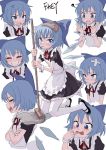  1girl ? akanbe alternate_costume anger_vein apron artist_name bandaid bangs black_dress blue_bow blue_eyes blue_hair blush bow cirno counting crossed_arms dress enmaided fkey full_body grin hair_bow highres ice ice_wings looking_at_viewer maid maid_apron mop multiple_views neck_ribbon open_mouth puffy_short_sleeves puffy_sleeves red_ribbon ribbon short_hair short_sleeves smile tearing_up tears tongue tongue_out touhou wings wrist_cuffs 