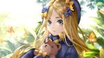  1girl abigail_williams_(fate/grand_order) antweiyi blonde_hair blue_eyes bow bowtie butterfly fate/grand_order fate_(series) hair_bow hat highres light_particles long_hair looking_at_viewer plant solo stuffed_animal stuffed_toy sunlight teddy_bear upper_body 