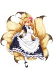  1girl alternate_costume animal_ears blonde_hair commentary_request elbow_gloves enmaided flower fox_ears fox_tail full_body gloves hair_flower hair_ornament highres kayou_(sennen_sensou_aigis) long_hair looking_at_viewer maid multiple_tails pink_eyes playjoe2005 puffy_short_sleeves puffy_sleeves sennen_sensou_aigis short_sleeves simple_background skirt_hold smile solo tail white_background white_gloves white_legwear 