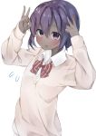  1girl alternate_costume artist_request assassin_(fate/prototype_fragments) blush commentary_request dark_skin fate/prototype fate/prototype:_fragments_of_blue_and_silver fate_(series) flying_sweatdrops highres looking_at_viewer purple_hair shirt short_hair solo vest violet_eyes white_background white_shirt 