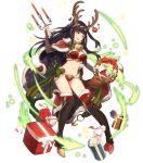  1girl :d alternate_costume antlers bell black_hair black_legwear breasts candle cape fire_emblem fire_emblem:_kakusei fire_emblem_heroes full_body gift highres medium_breasts navel official_art open_mouth ornament red_cape red_legwear smile solo standing tharja transparent_background wreath 