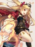  1girl :d absurdres asymmetrical_legwear bangs beige_background between_breasts black_dress black_legwear blonde_hair breasts cape commentary_request detached_collar dress earrings ereshkigal_(fate/grand_order) fate/grand_order fate_(series) highres infinity jewelry large_breasts long_hair looking_at_viewer necklace open_mouth parted_bangs red_cape red_eyes renka_(renkas) single_thighhigh skull smile solo spine thigh-highs tohsaka_rin two_side_up upper_teeth 